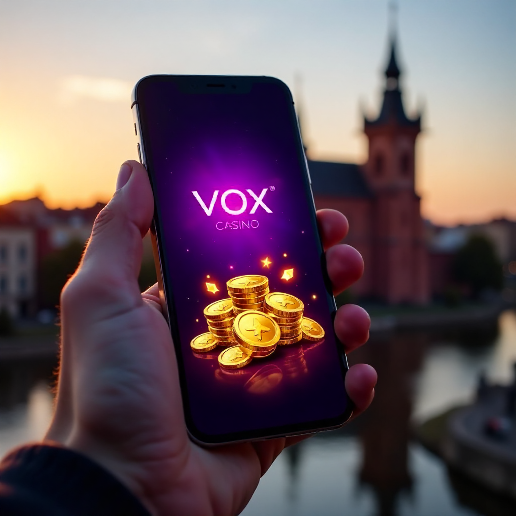 A hand holding a premium smartphone showing Vox Casino app, background featuring the Wawel Royal Castle in Krakow at golden hour, official brand neon purple and deep black colors, 3D golden coins and neon slot symbols flying out of the screen, hyper-reali